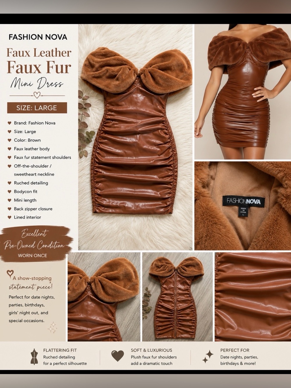 Fashion Nova Brown Faux Leather Faux Fur Ruched Mini Dress Size Large